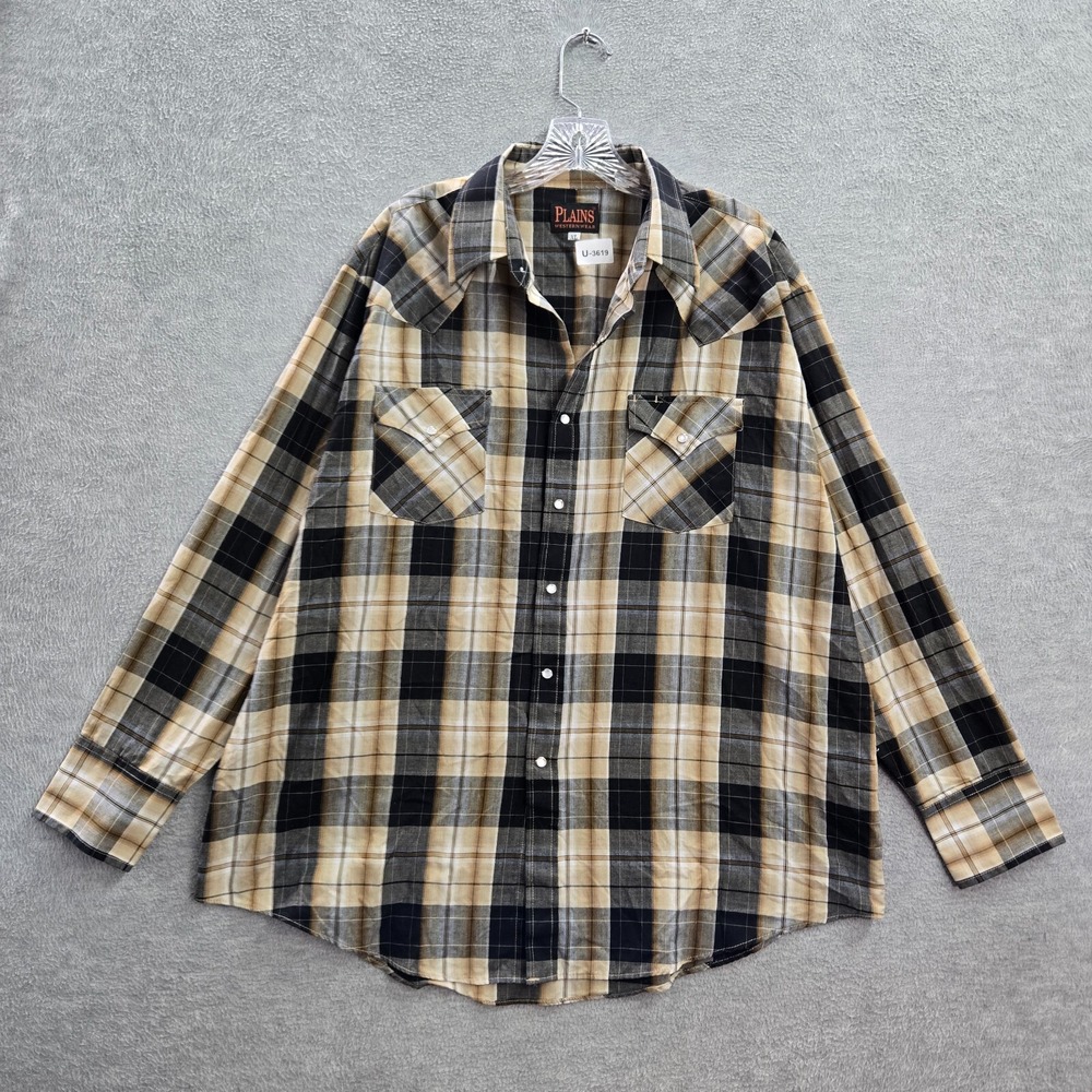 Plains Men Button Up Shirt XL Black Plaid Western Pearl Snap Long Sleeve READ